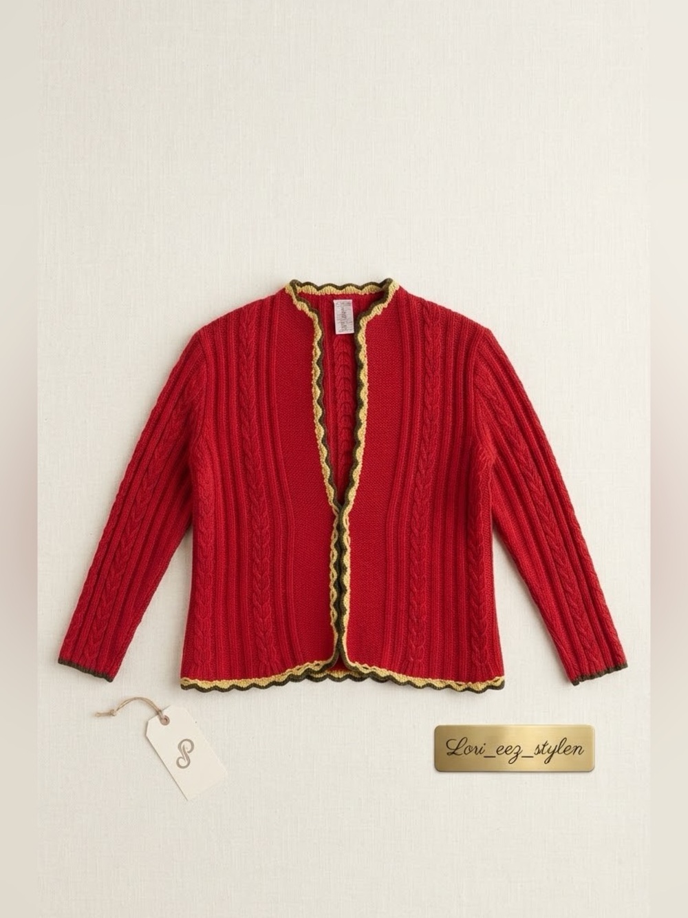 Anne Klein Red Cable-Knit Open Cardigan with Gold Trim
